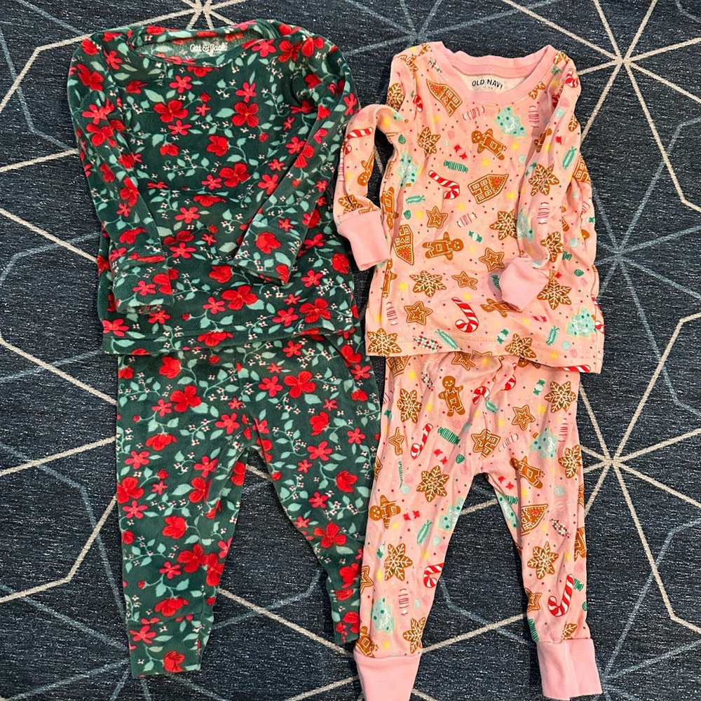 Two pairs holiday pajamas - gingerbread and poinsettias